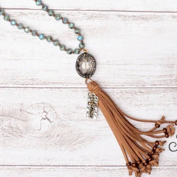 MAKE HEAVEN CROWDED GRAY CRYSTAL TAN TASSEL CROSS Blue Bead Necklace - Picture 2 of 2